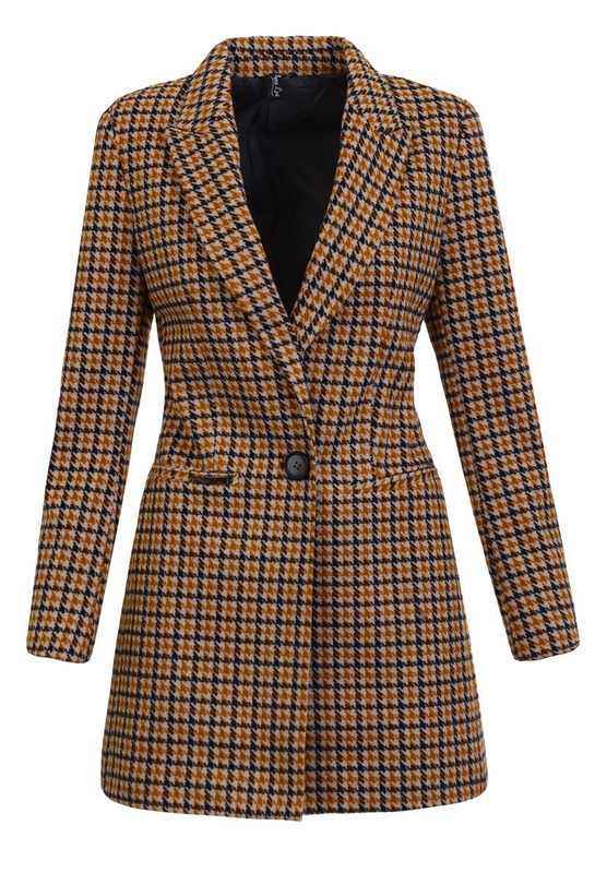 Dzianinowy Płaszcz Wiosenno- Jesienny Pepitka Miodowy