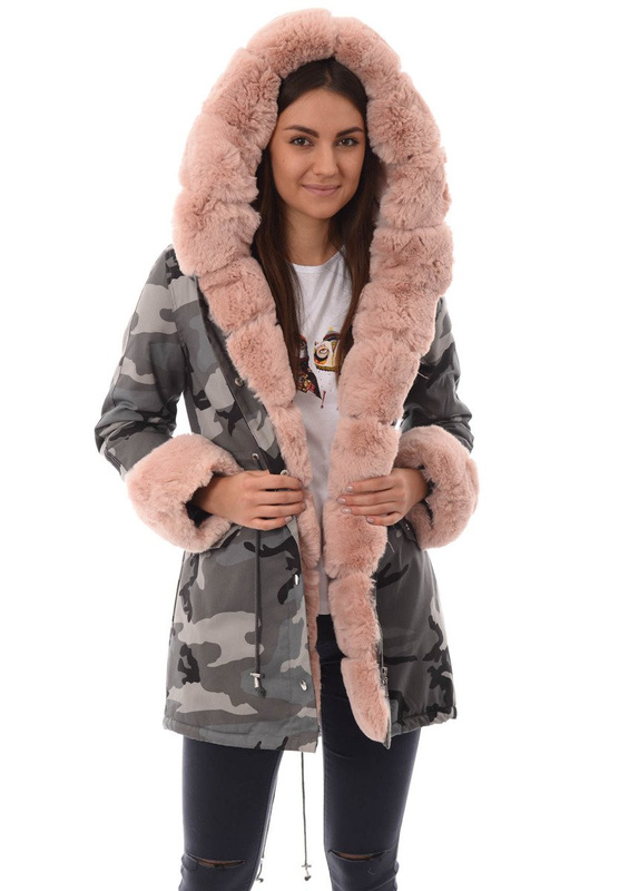 Damska Parka Kurtka Moro Szara Z Różowym Futerkiem