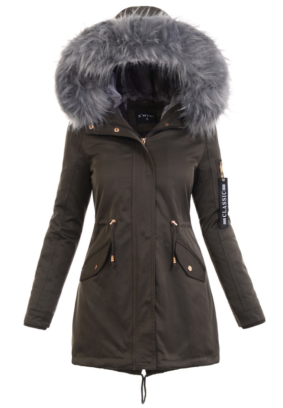 Parka Zimowa Martyna Khaki z Szarym Futerkiem