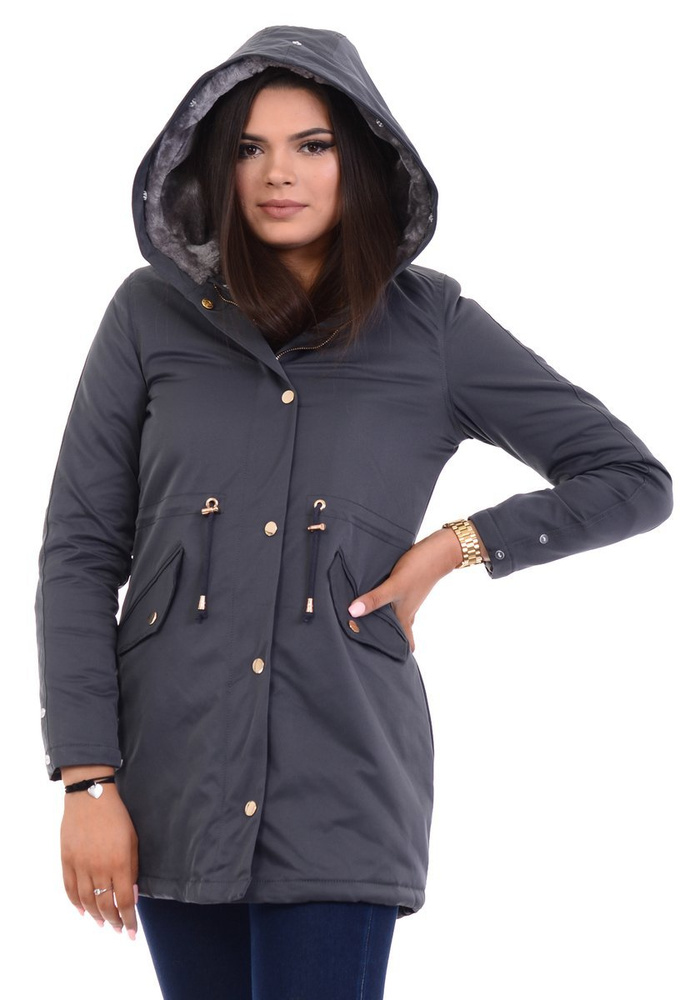 Damska Kurtka Parka Zimowa Wanessa Grafitowa Z Szarym Futerkiem