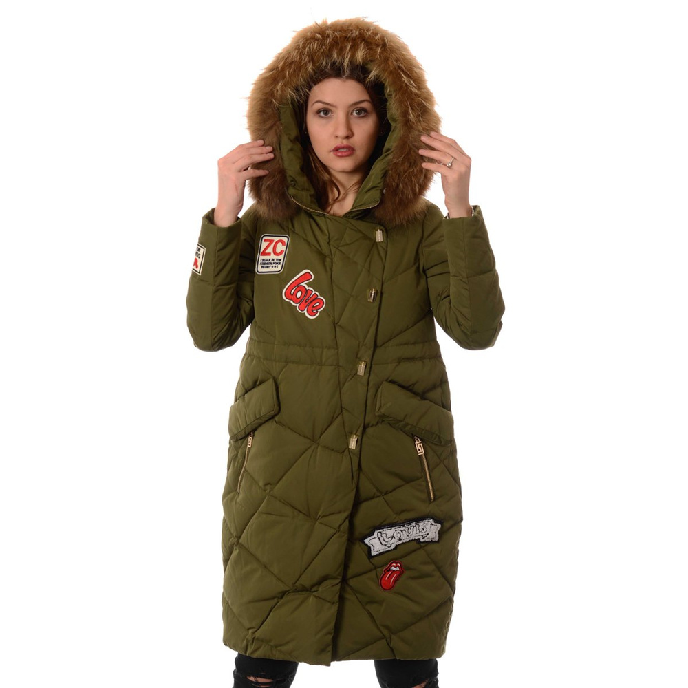 Puchowa Kurtka Zimowa Naturalne Futro Zielona