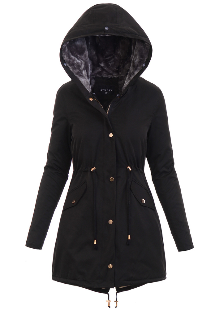 Damska Kurtka Parka Zimowa Patrycja Czarna Z Szarym Futerkiem