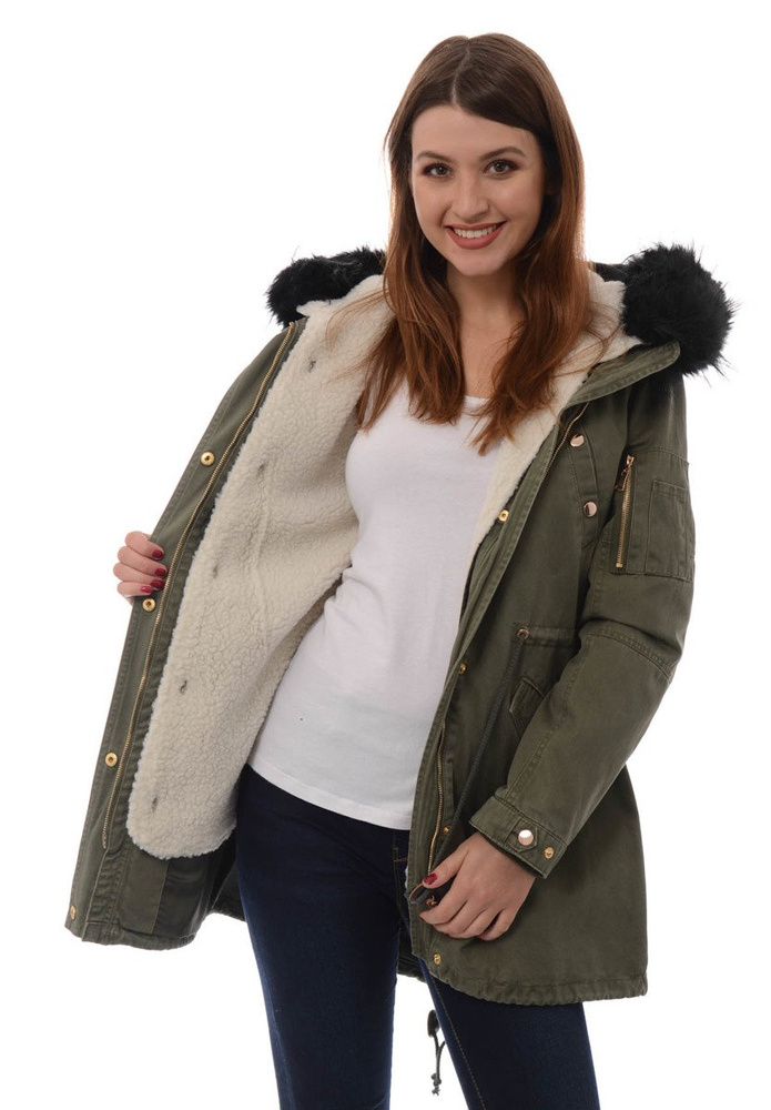 Damska Kurtka Parka Zimowa 2w1 Mila Zielona z Czarnym Futerkiem