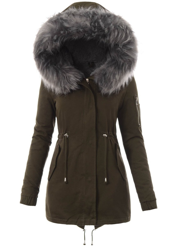 Piękna Damska Kurtka Parka 2w1 Emilia Zielona z Szarym Futerkiem