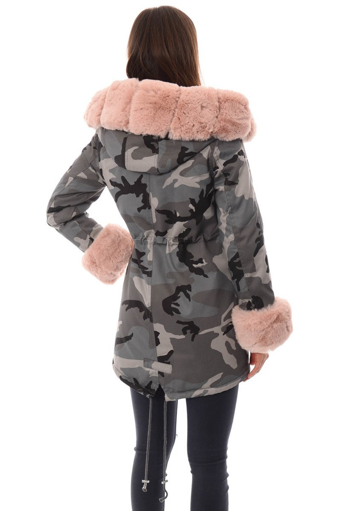 Damska Parka Kurtka Moro Szara Z Różowym Futerkiem