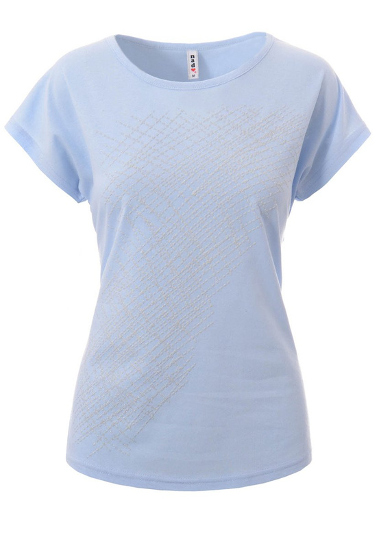 Damska Koszulka Krótki Rękaw T-Shirt Nadruk Brokatowa Kratka Błekitna