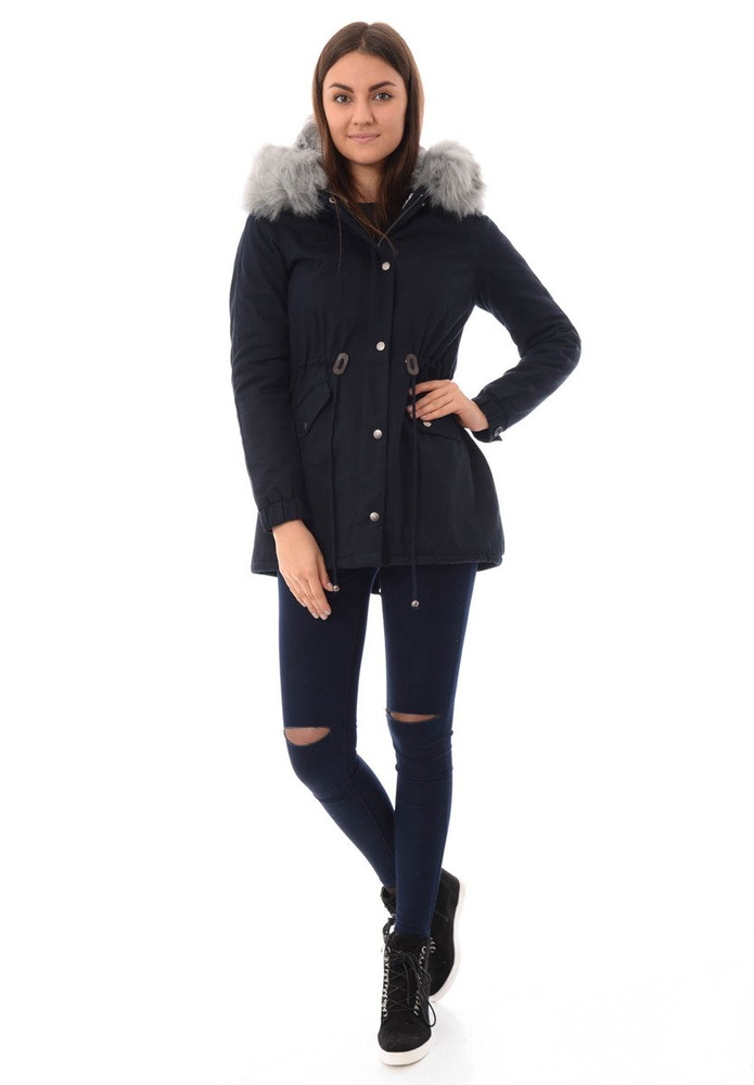 Piękna Damska Kurtka Parka Iwet Ciemno Granatowa Z Szarym Futerkiem