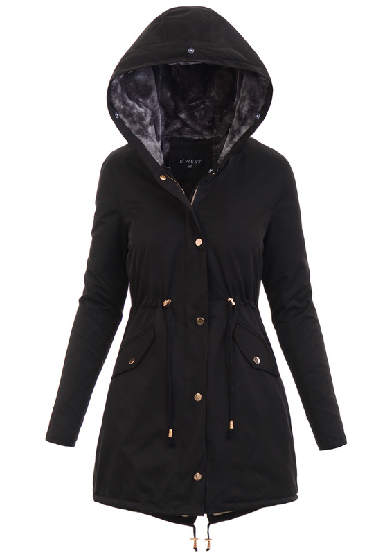 Damska Kurtka Parka Zimowa Patrycja Czarna Z Szarym Futerkiem