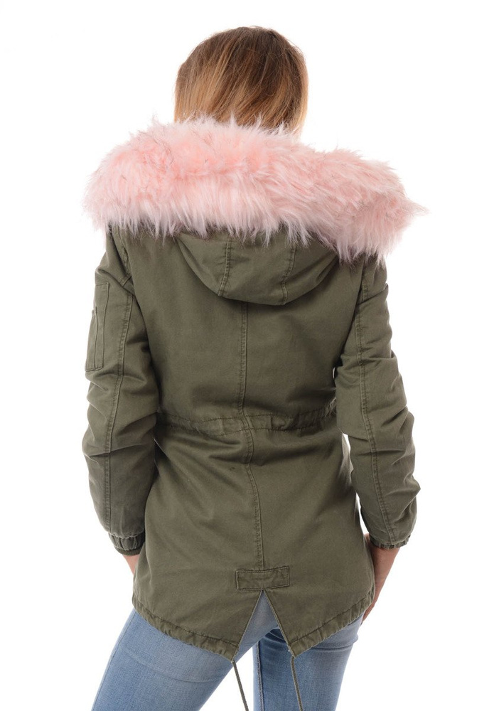 Damska Kurtka Parka Zimowa 2w1 Edyta Zielona z Różowym Futerkiem