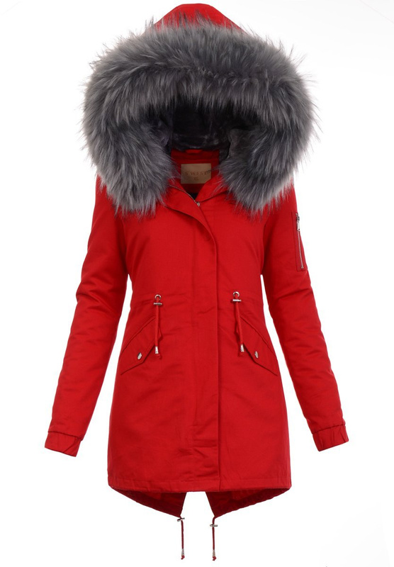 Damska Kurtka Parka 2w1 Emilia Czerwona z Szarym Futerkiem