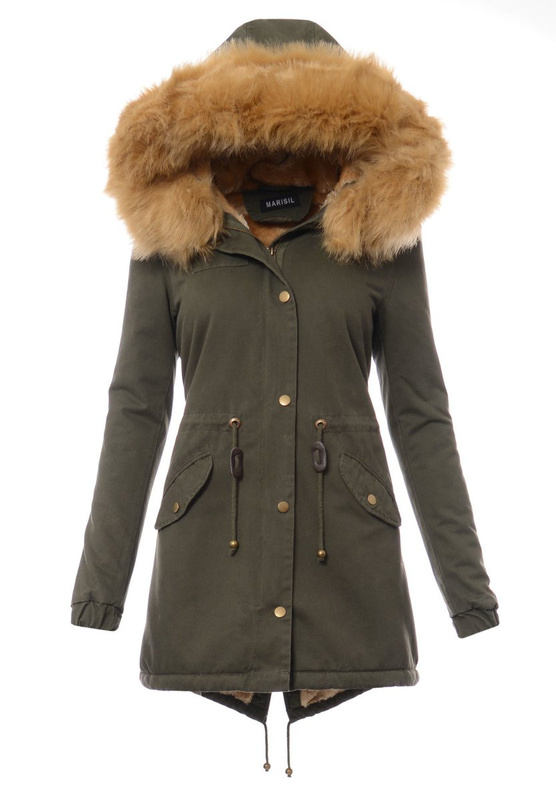 Piękna Damska Kurtka Parka Iwet Zielona ze Złotym Futerkiem