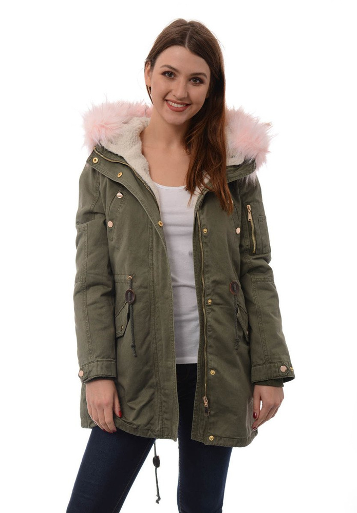 Damska Kurtka Parka Zimowa 2w1 Mila Zielona z Różowym Futerkiem