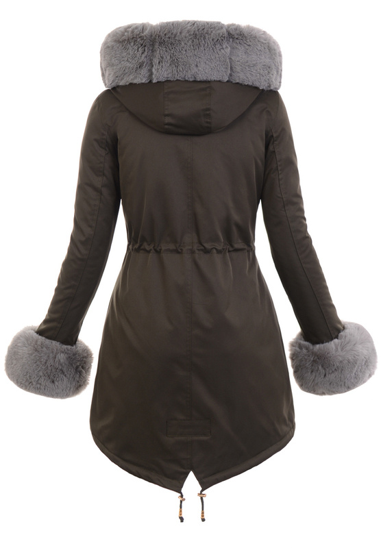 Damska Kurtka Parka Zimowa Patrycja Khaki Z Szarym Futerkiem