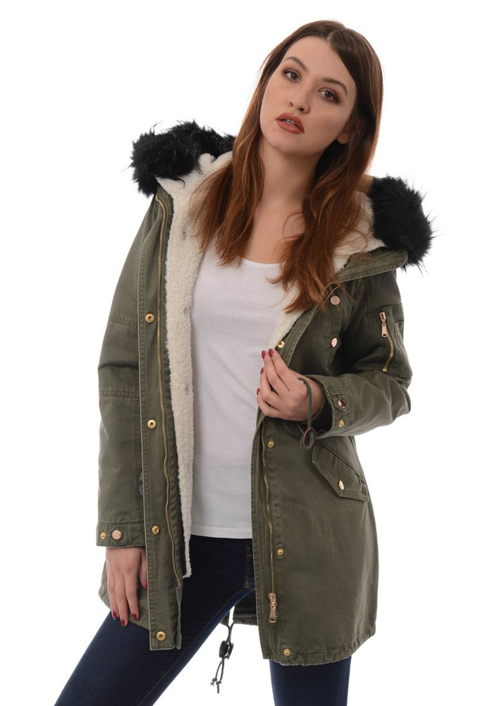 Damska Kurtka Parka Zimowa 2w1 Mila Zielona z Czarnym Futerkiem