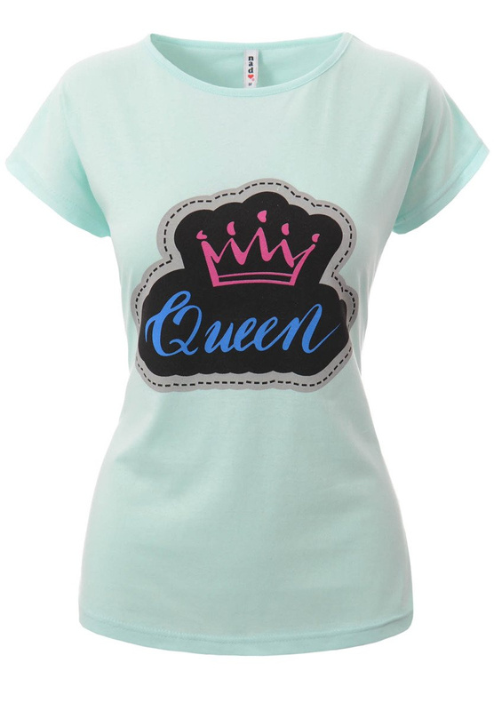 Damska Koszulka Krótki Rękaw T-Shirt Nadruk Queen Korona Zielona