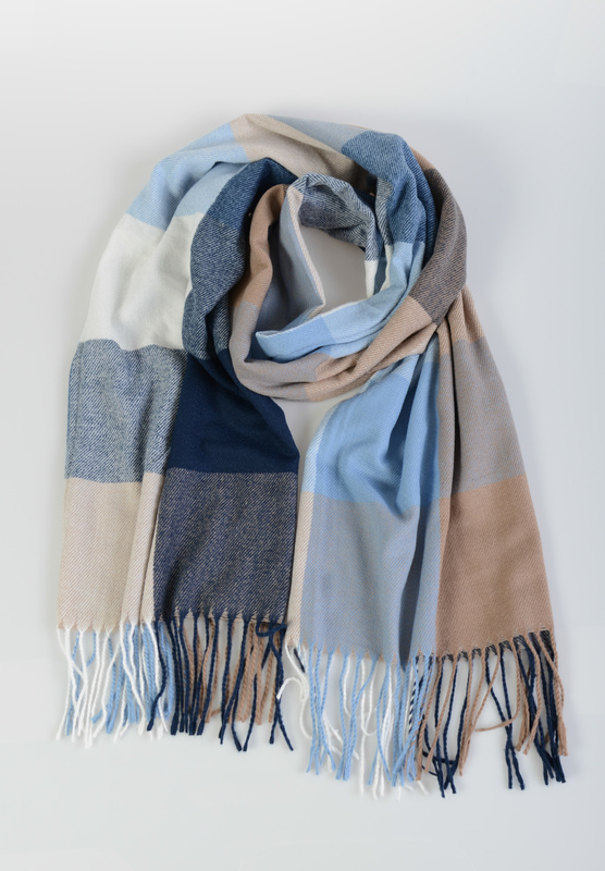 Szal Damski Brązowo-Niebieski W Kratę