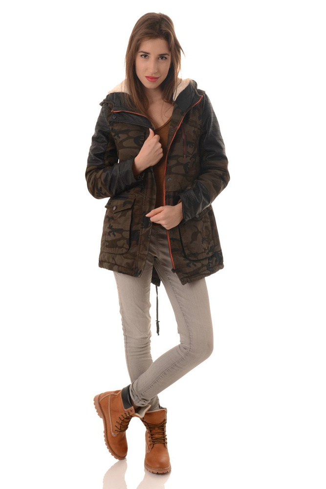 Damska Zimowa Kurtka Parka Płaszcz Moro Oliwkowa