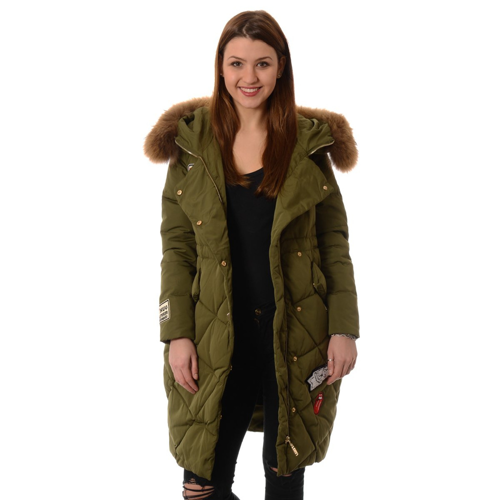 Puchowa Kurtka Zimowa Naturalne Futro Zielona