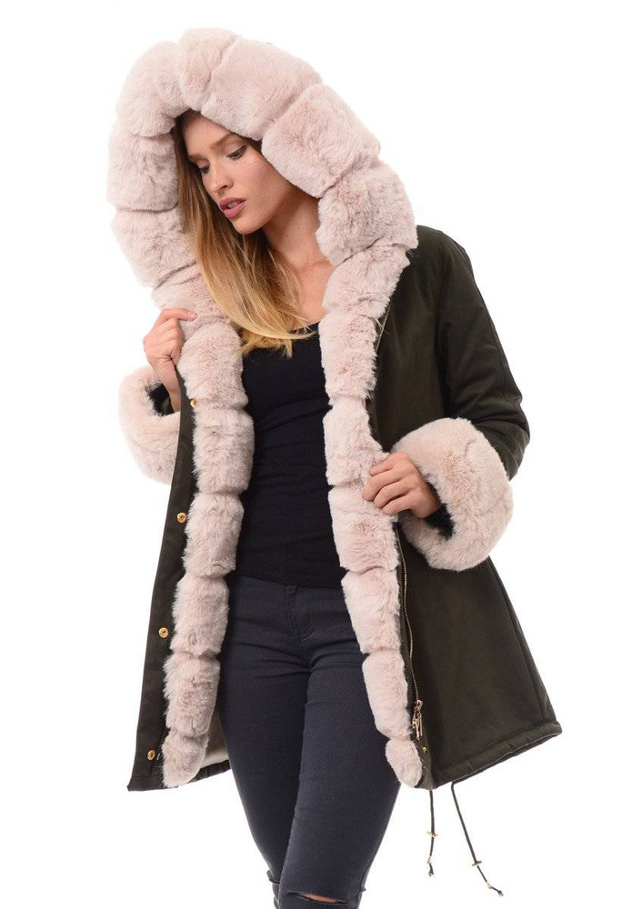 Damska Kurtka Parka Zimowa Wanessa Zielona Z Futerkiem Ecru