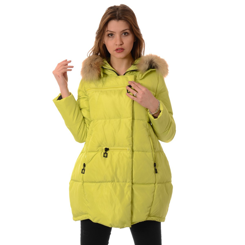 Puchowa Kurtka Zimowa Naturalne Futro Limonkowa