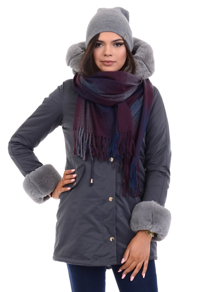 Damska Kurtka Parka Zimowa Wanessa Grafitowa Z Szarym Futerkiem