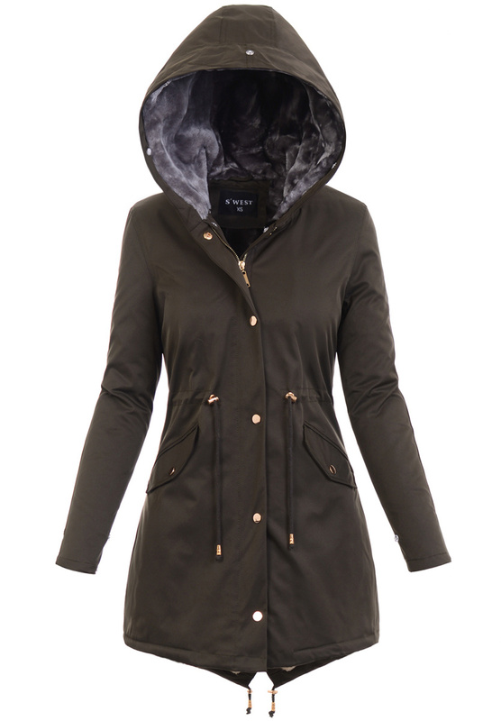 Damska Kurtka Parka Zimowa Patrycja Khaki Z Szarym Futerkiem