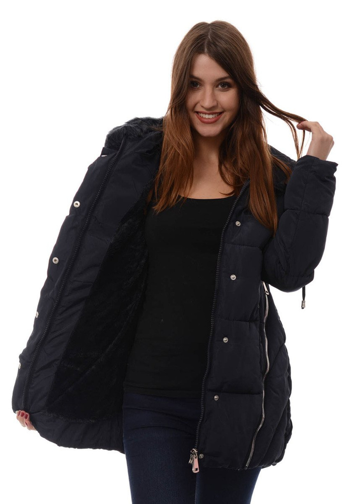 Damska Długa Zimowa Kurtka Ortalionowa Granatowa