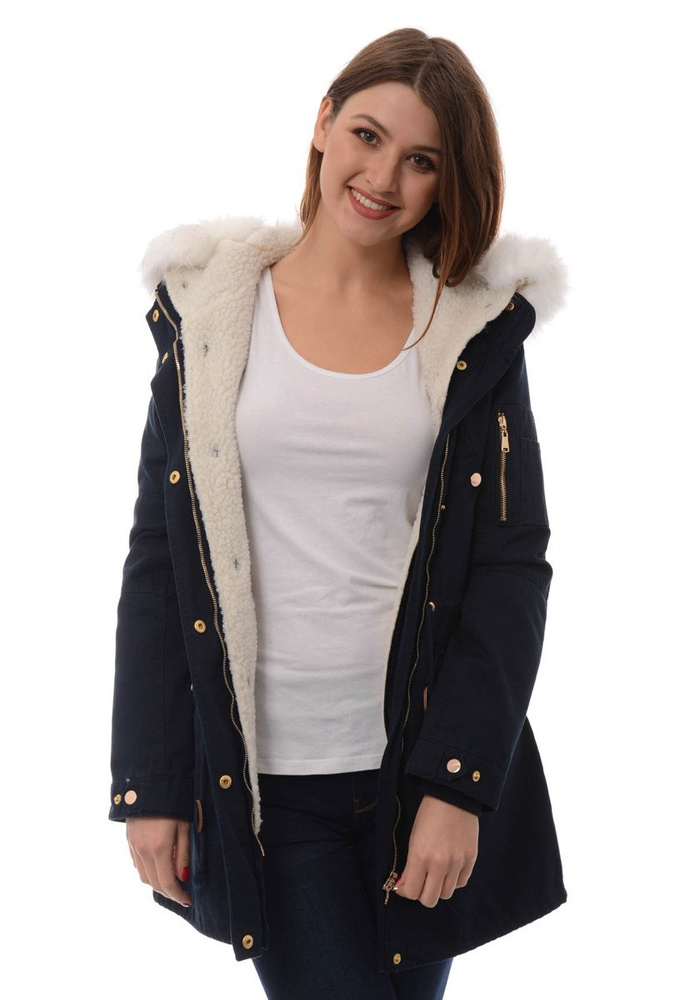 Damska Kurtka Parka Zimowa 2w1 Mila Granatowa Z Białym Futerkiem