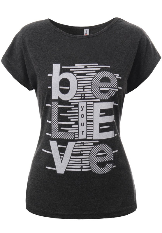 Damska Koszulka Krótki Rękaw T-Shirt Nadruk BELIEVE Ciemno Szara