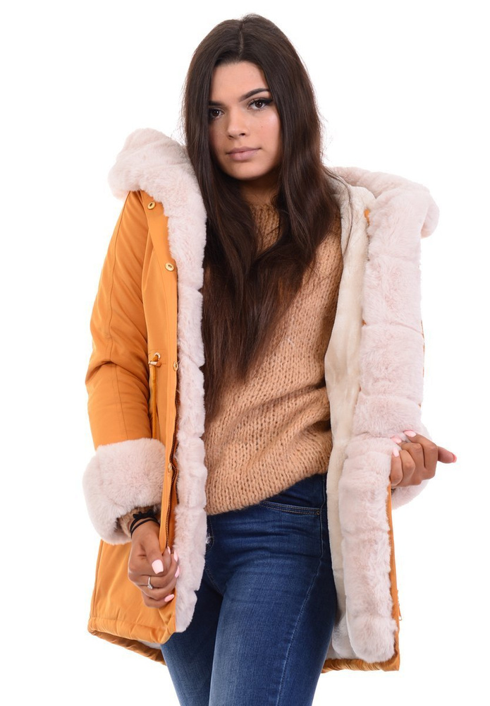 Damska Kurtka Parka Zimowa Wanessa Camel Z Futerkiem Ecru