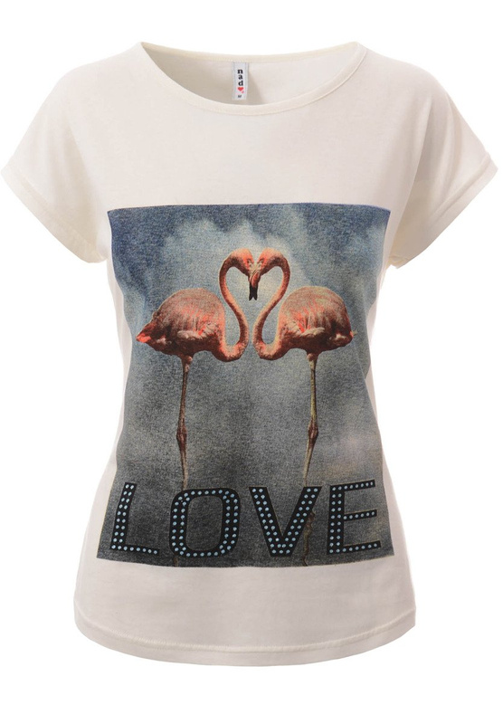 Damska Koszulka Krótki Rękaw T-Shirt Nadruk Love Ecru