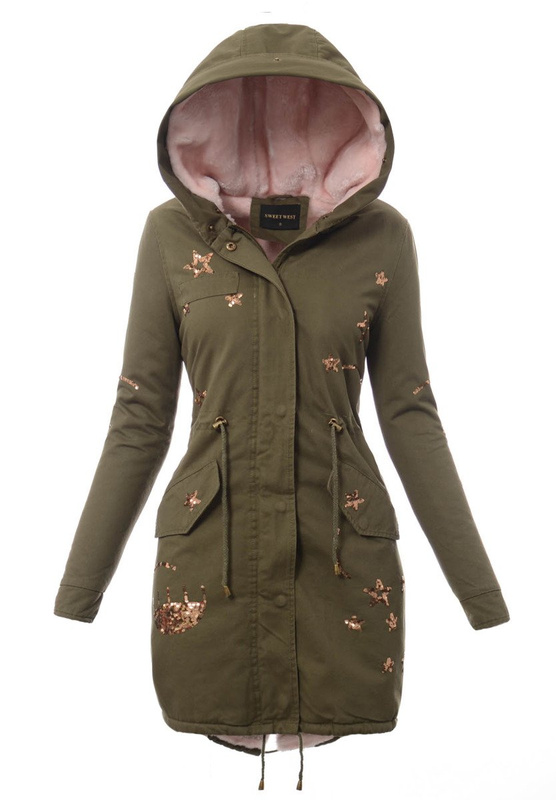 Piękna Damska Kurtka Parka Zielona z Różowym Futerkiem