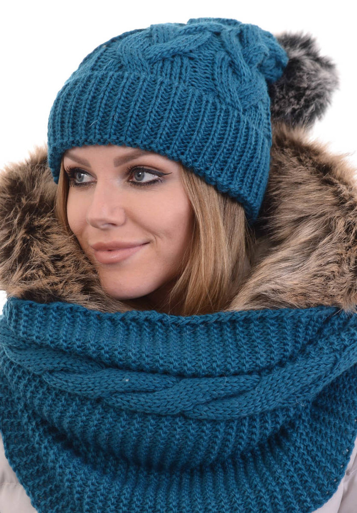 Komplet Damski Czapka z Kominem Turkusowy