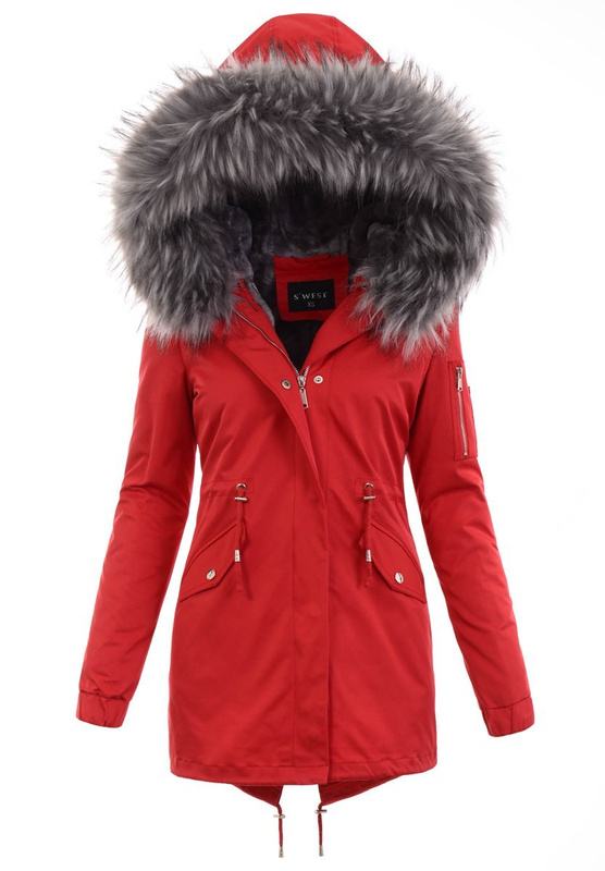 Damska Kurtka Parka 2w1 Dagmara Czerwona z Szarym Futerkiem