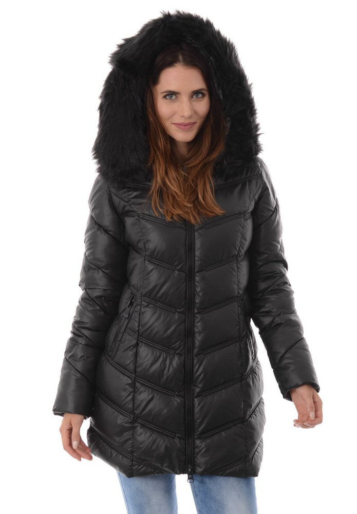 Damska Długa Zimowa Kurtka Ortalionowa Czarna