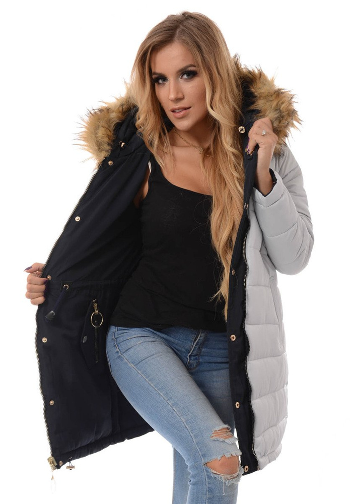 Damska Dwustronna Zimowa Kurtka Granatowa