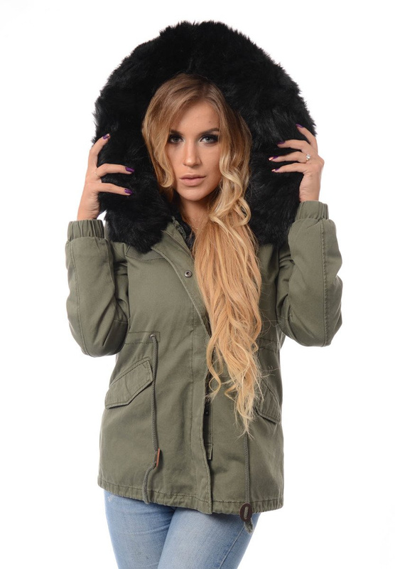 Damska Kurtka Parka Zimowa 2w1 Dominika Zielona z Czarnym Futerkiem
