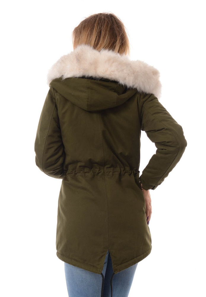 Piękna Damska Kurtka Parka Zielona z Białym Futerkiem