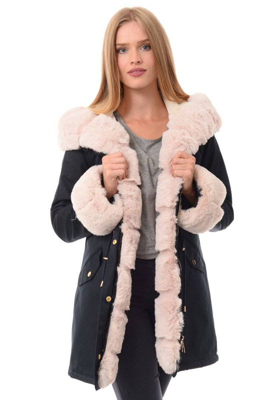 Damska Kurtka Parka Zimowa Patrycja Granatowa Z Futerkiem Ecru