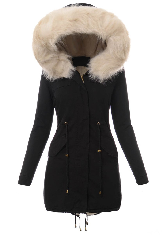 Piękna Damska Kurtka Parka Czarna z Białym Futerkiem