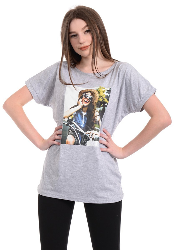 Damska Koszulka Nadruk Dziewczyna Z Rowerem Szara
