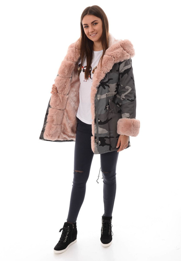 Damska Parka Kurtka Moro Szara Z Różowym Futerkiem