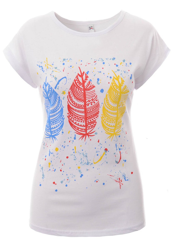 Damska Koszulka Krótki Rękaw T-Shirt Nadruk Pióra Biała