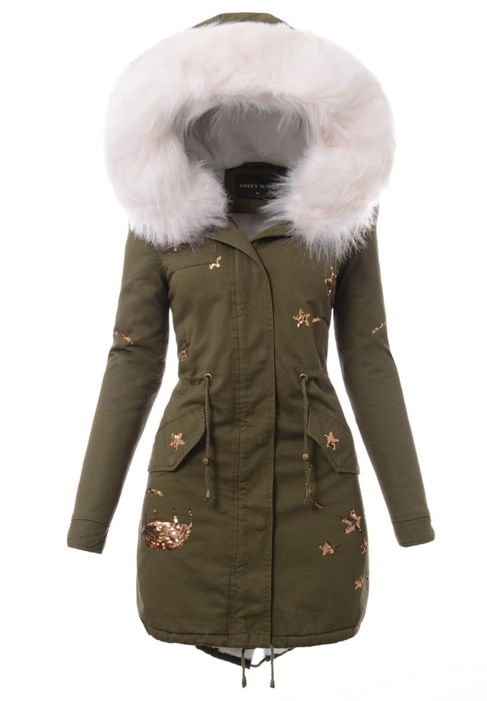 Piękna Damska Kurtka Parka Zielona z Białym Futerkiem