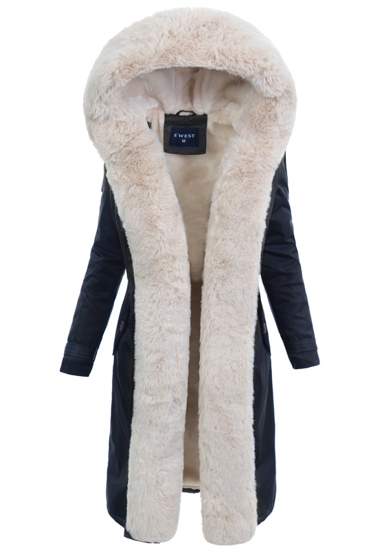 Damska Kurtka Parka Zimowa Dominika Granatowa Z Futerkiem Ecru