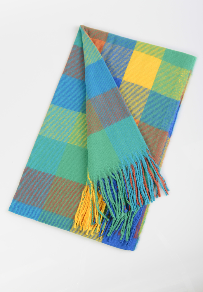 Szal Damski Żółto-Niebieskim W Kratę