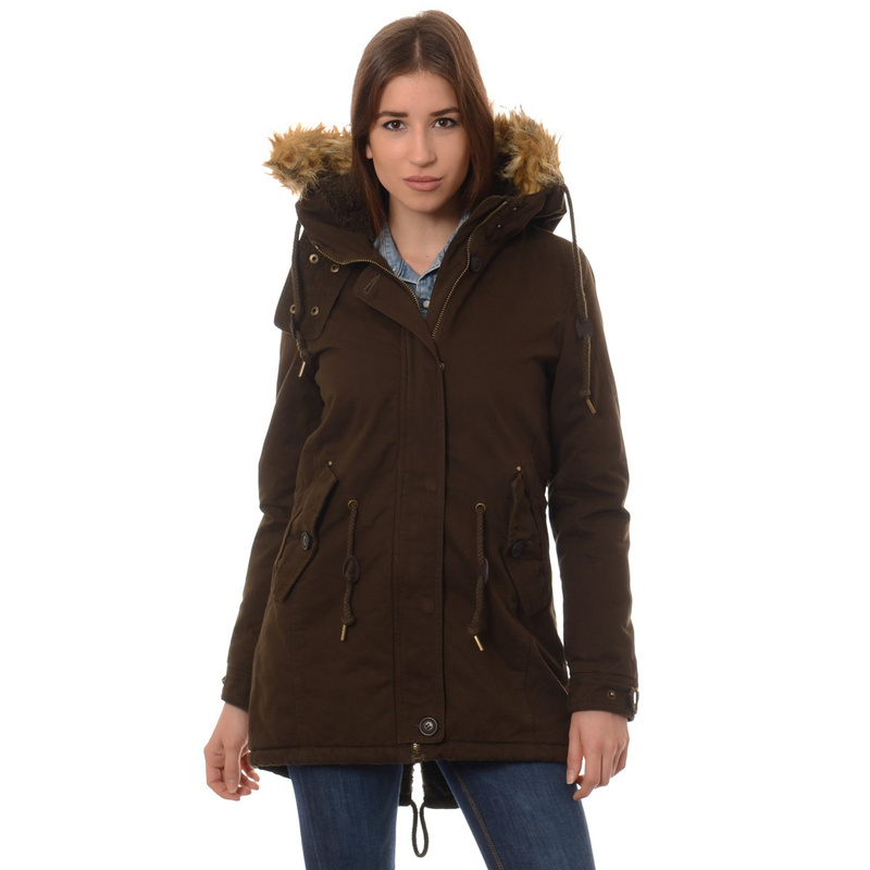 Damska Kurtka Parka Zimowa Futro Pola Oliwkowa