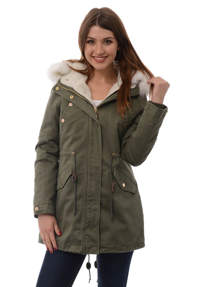 Damska Kurtka Parka Zimowa 2w1 Mila Zielona z Białym Futerkiem