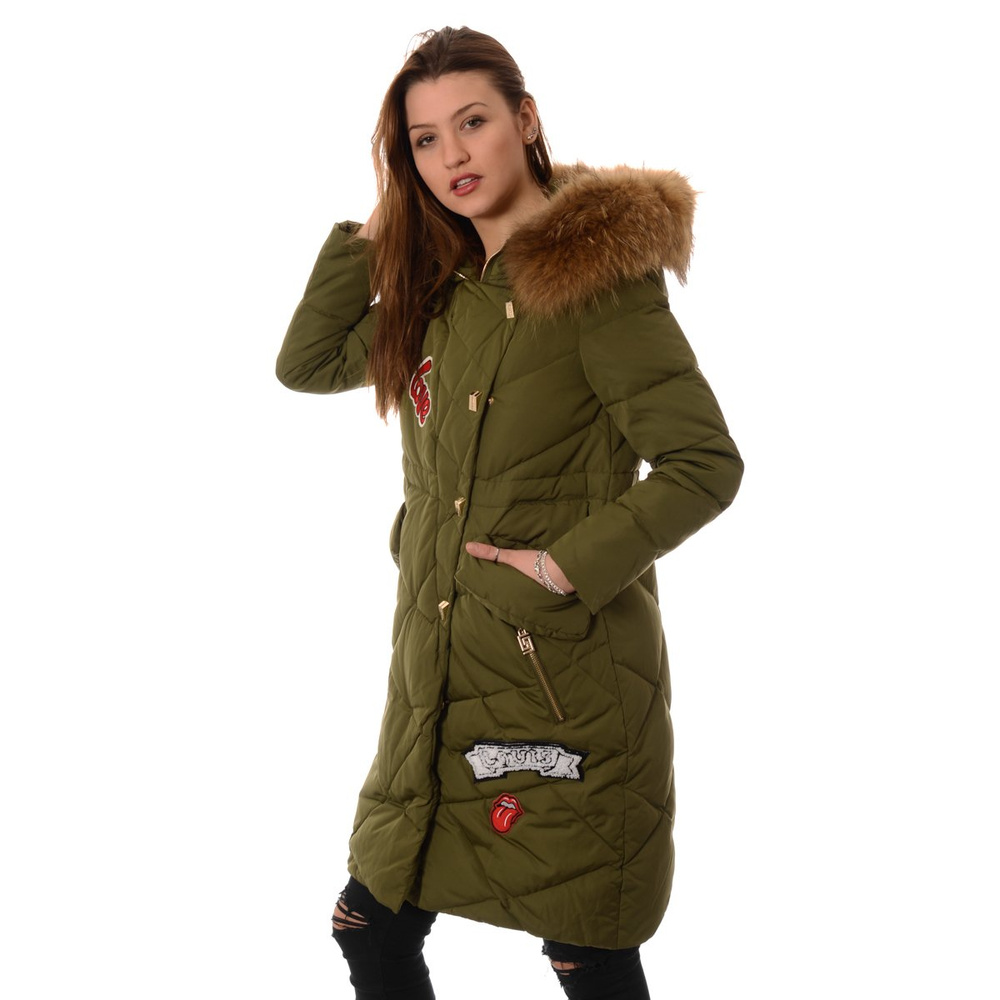 Puchowa Kurtka Zimowa Naturalne Futro Zielona