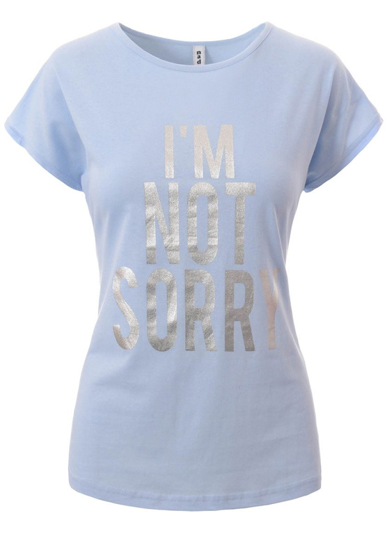 Damska Koszulka Krótki Rękaw T-Shirt Nadruk "I'm Not Sorry" Błękitna